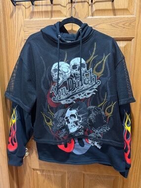 NWT Von Dutch Men's Black Skull Flame Mesh Jersey Hoodie Various Sizes